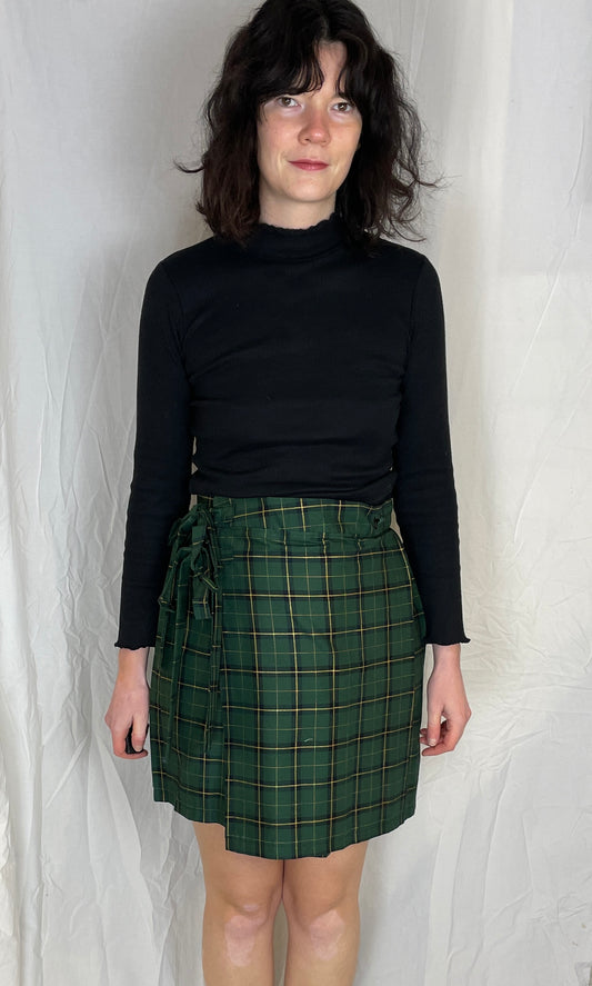 Bonnie Handmade Green and Gold Checked Pleated Wrap Mini Skirt - Size 10 - scrappingell