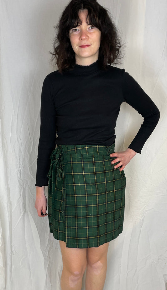 Bonnie Handmade Green and Gold Checked Pleated Wrap Mini Skirt - Size 10 - scrappingell