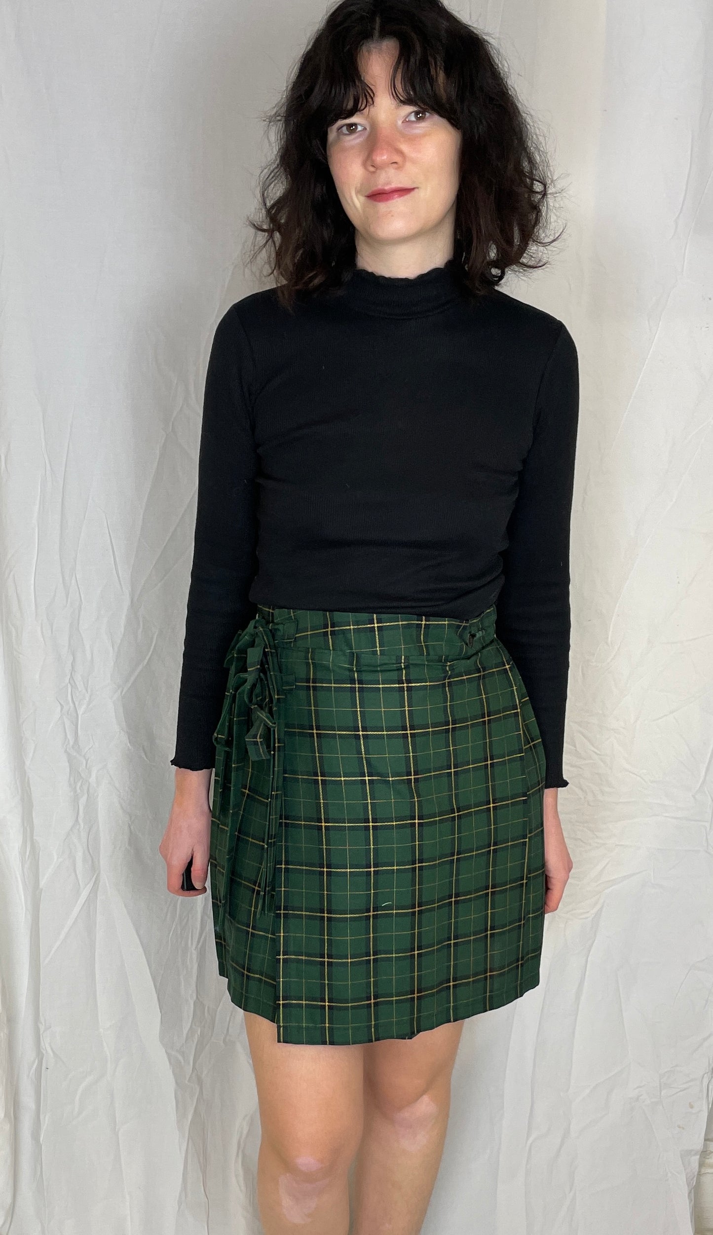 Bonnie Handmade Green and Gold Checked Pleated Wrap Mini Skirt - Size 10 - scrappingell