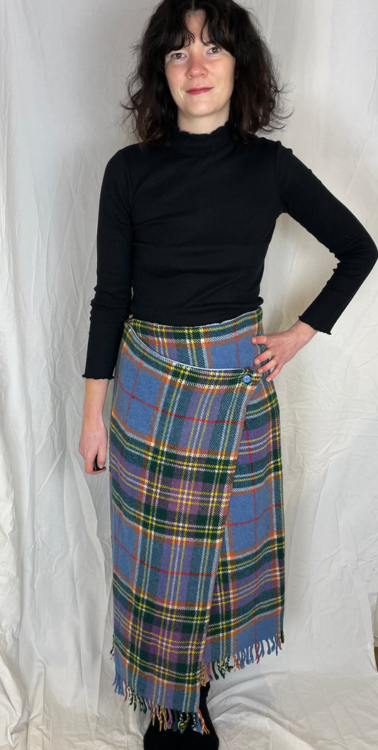 Bonnie Handmade Blue Wool Checked Asymmetric Maxi Skirt - Size 12