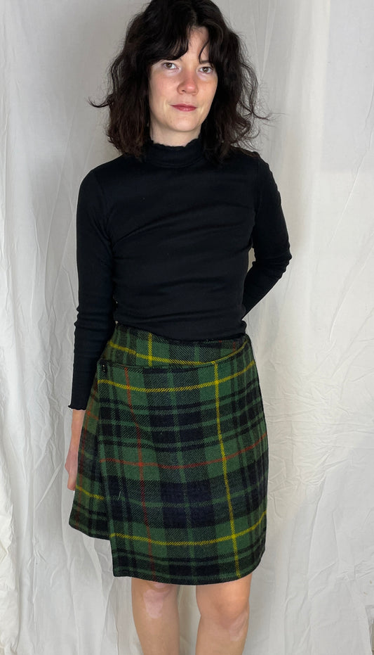 Bonnie Handmade Green Checked Wool Asymmetric Wrap Mini Skirt - Size 16 - scrappingell