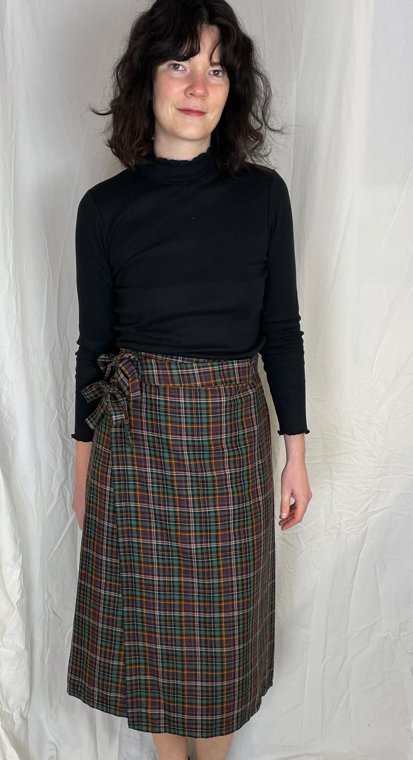 Bonnie Handmade Purple Checked Pleated Wrap Skirt - Size 12 - scrappingell