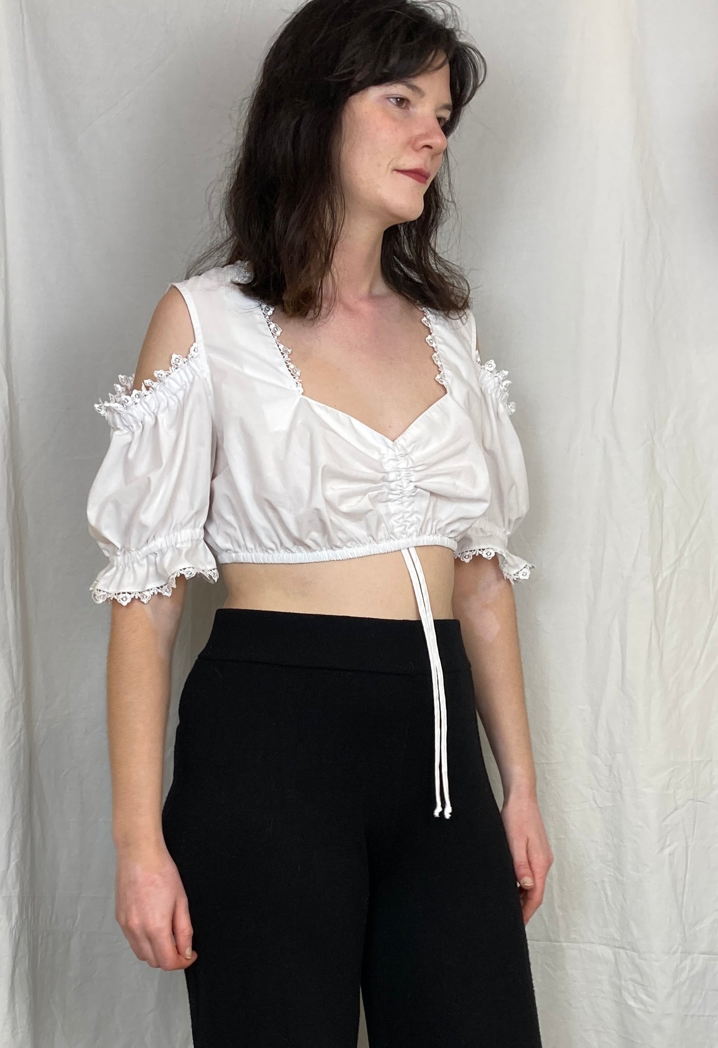 Vintage 90s White Milkmaid Puff Sleeve Crop Top - Up To Size 14