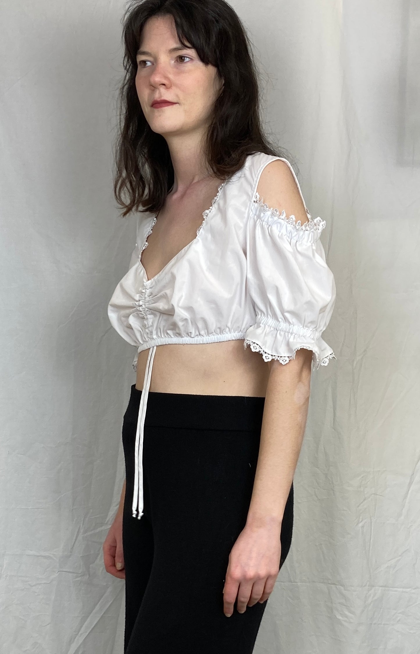 Vintage 90s White Milkmaid Puff Sleeve Crop Top - Up To Size 14