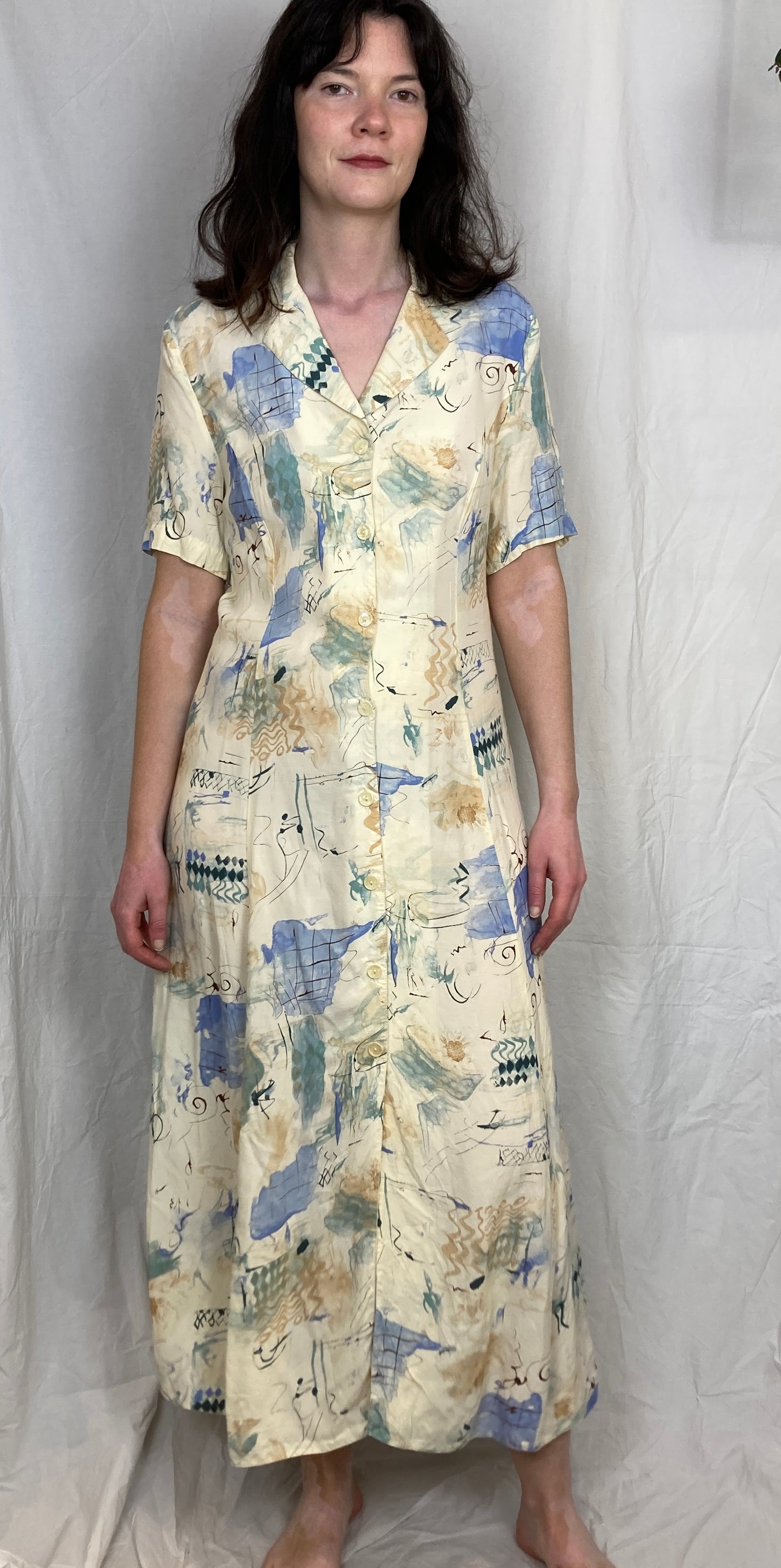 Vintage 80s White Printed Maxi Shirt Dress - Up To Size 10