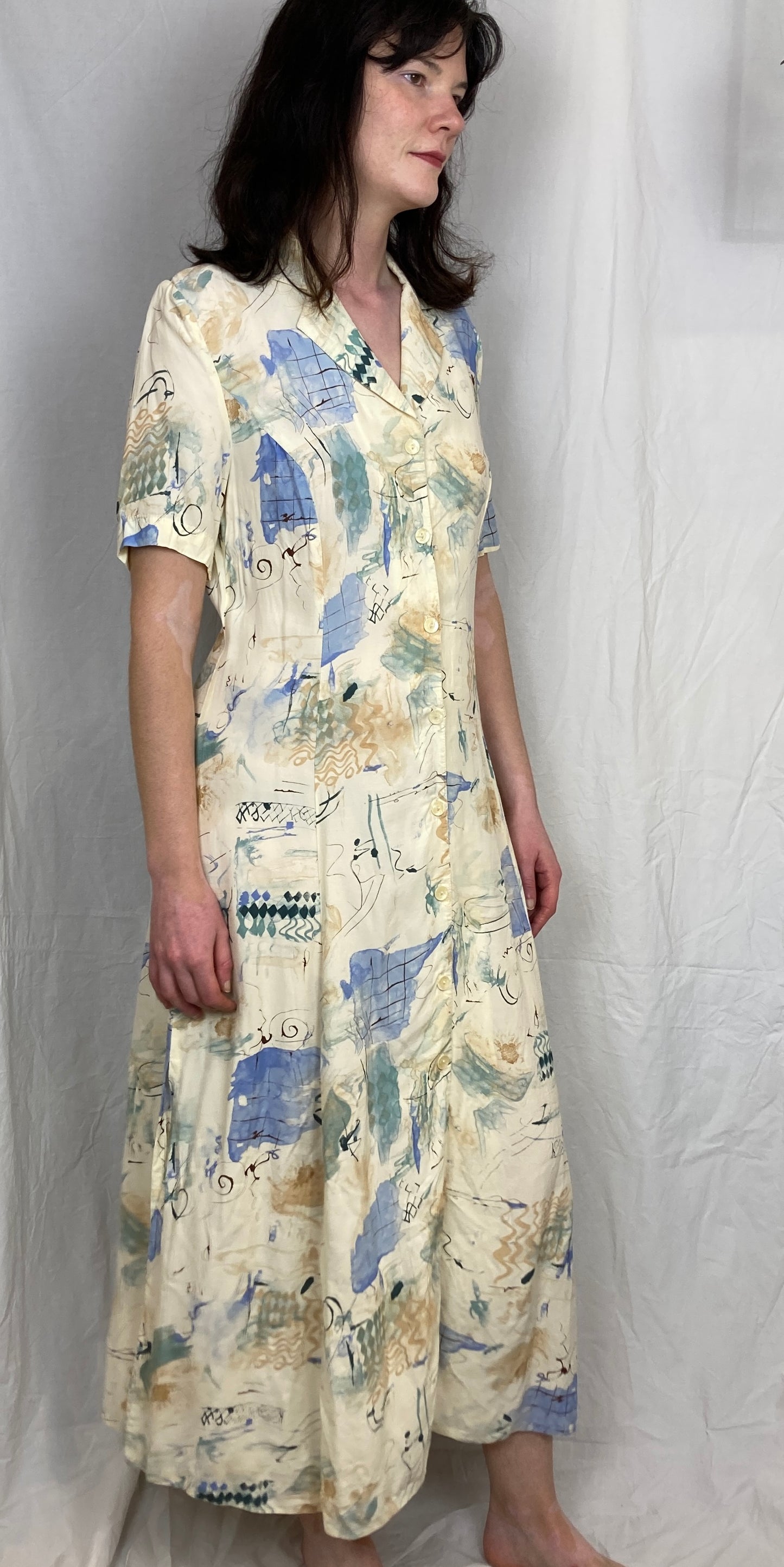 Vintage 80s White Printed Maxi Shirt Dress - Up To Size 10