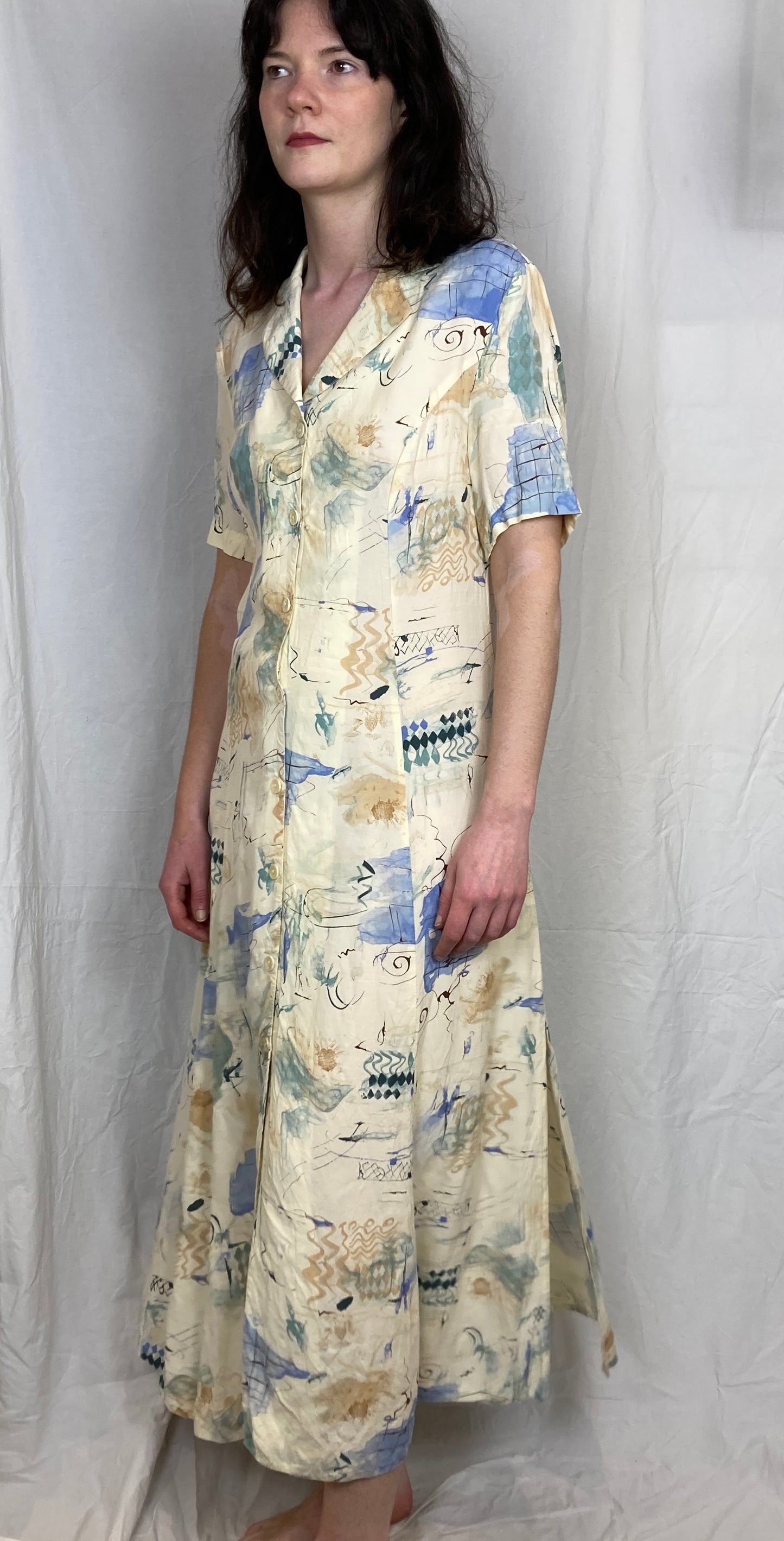 Vintage 80s White Printed Maxi Shirt Dress - Up To Size 10
