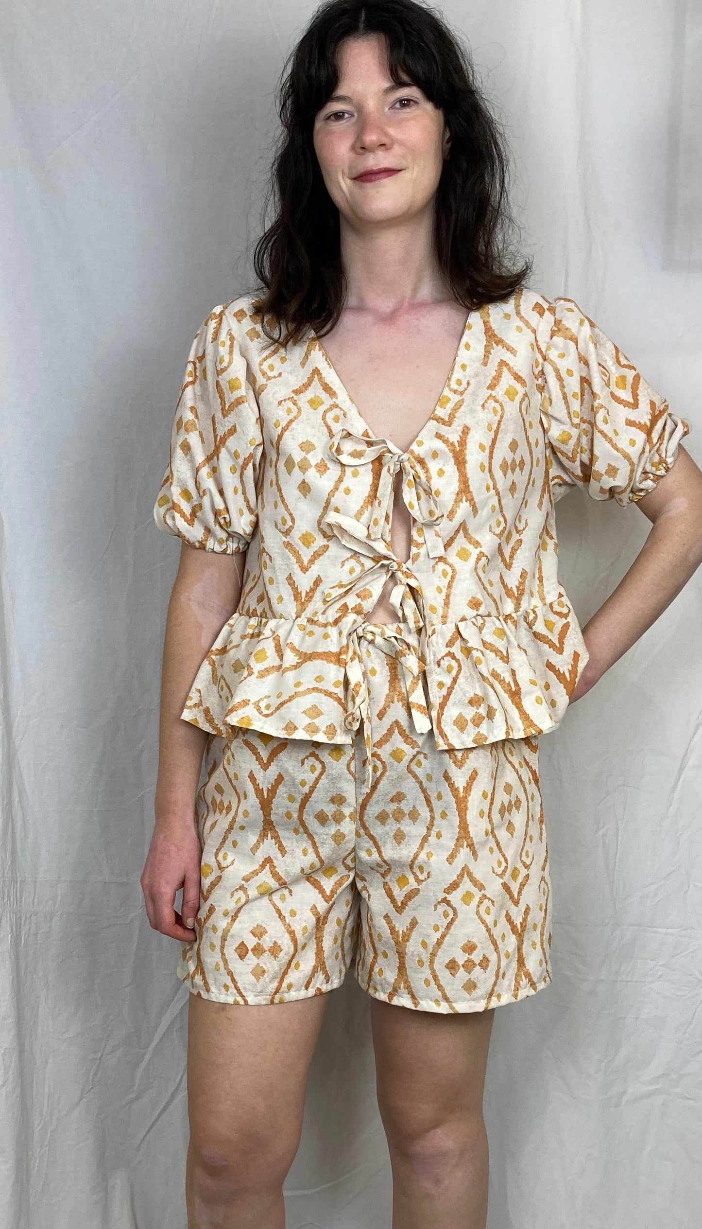 Ella Handmade Orange Tie Front Top and Shorts Co-ord Set - Size 14