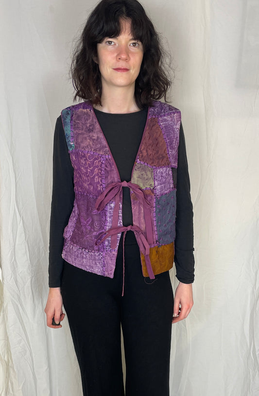Zoe Handmade Purple Floral Patchwork Embroidered Tie Front Vest Top - Up To Size 12