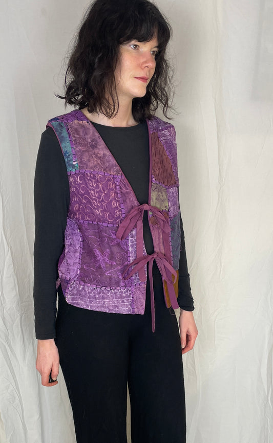Zoe Handmade Purple Floral Patchwork Embroidered Tie Front Vest Top - Up To Size 12