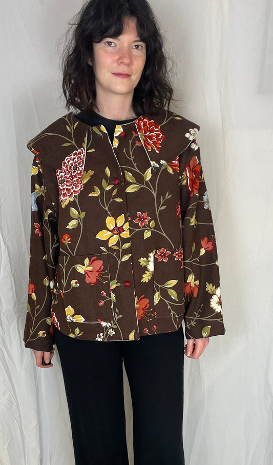 Penny Handmade Brown Linen Floral Large Collared Jacket - Up To Size 14