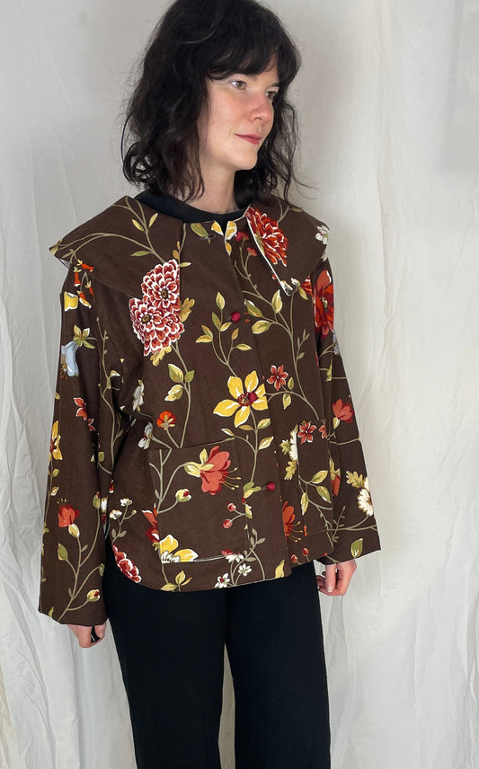 Penny Handmade Brown Linen Floral Large Collared Jacket - Up To Size 14