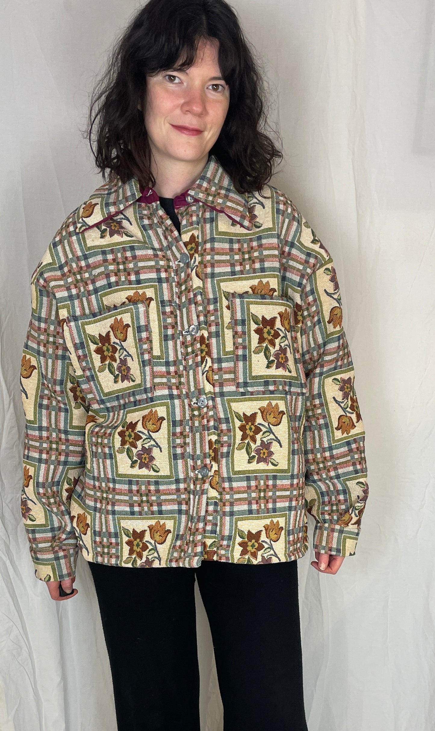 Ellen Handmade Blue Floral Checked Shirt Jacket - Up To Size 16