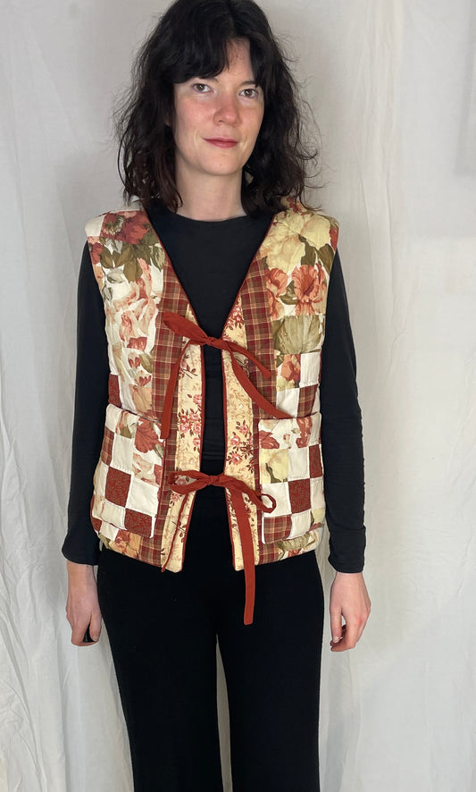 Zoe Handmade Red Floral Patchwork Tie Front Quilted Vest Gilet - Up To Size 12