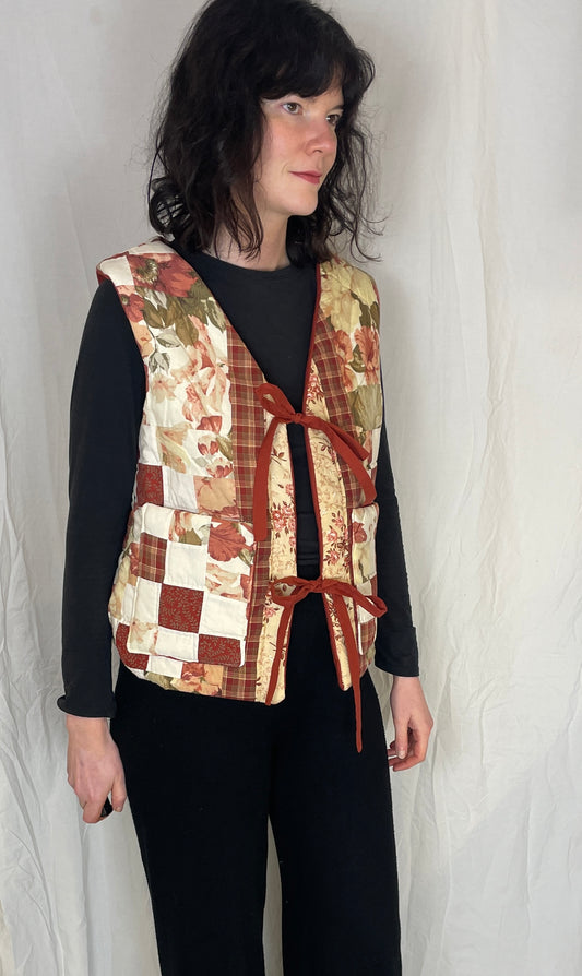 Zoe Handmade Red Floral Patchwork Tie Front Quilted Vest Gilet - Up To Size 12