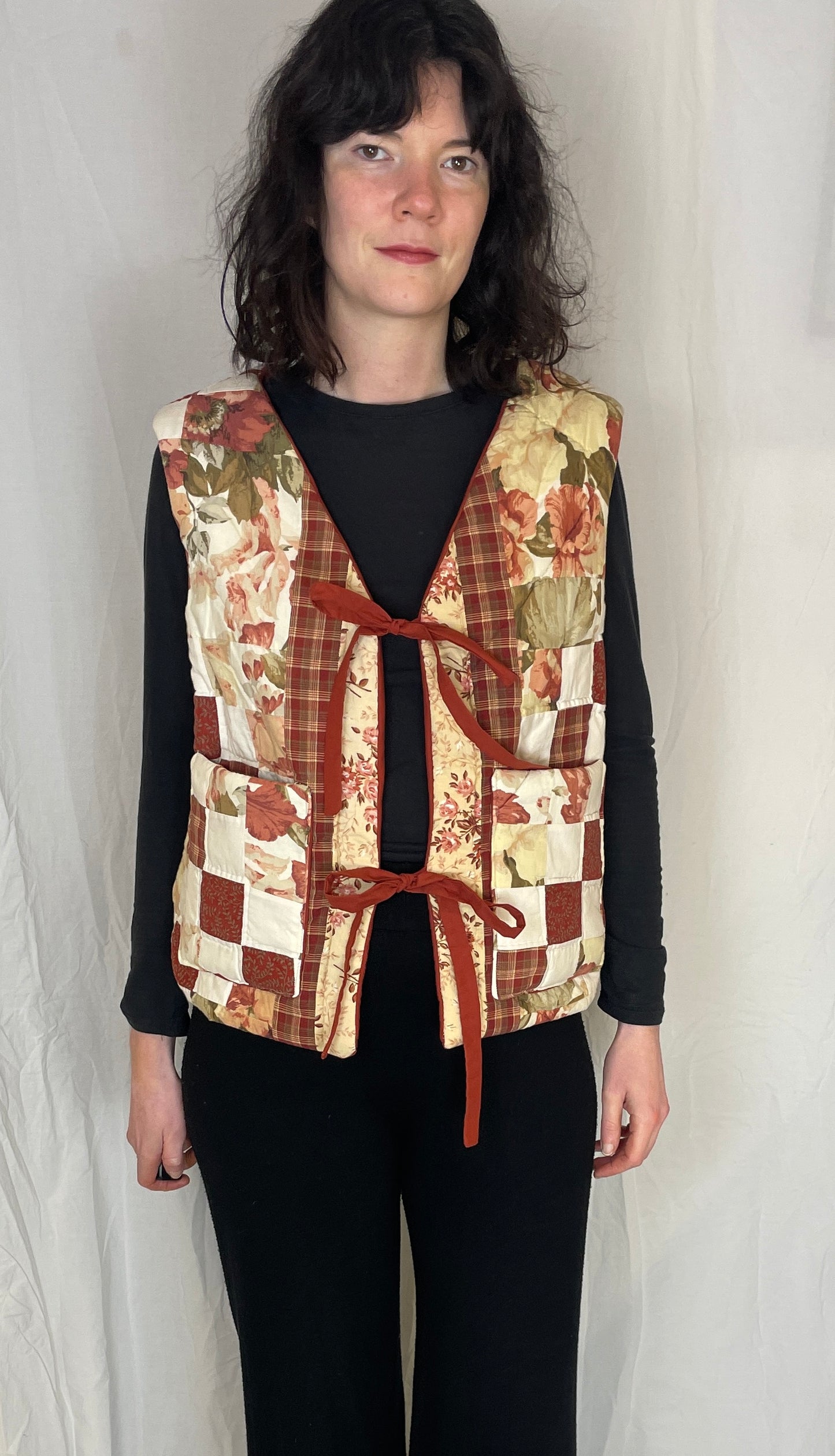 Zoe Handmade Red Floral Patchwork Tie Front Quilted Vest Gilet - Up To Size 12