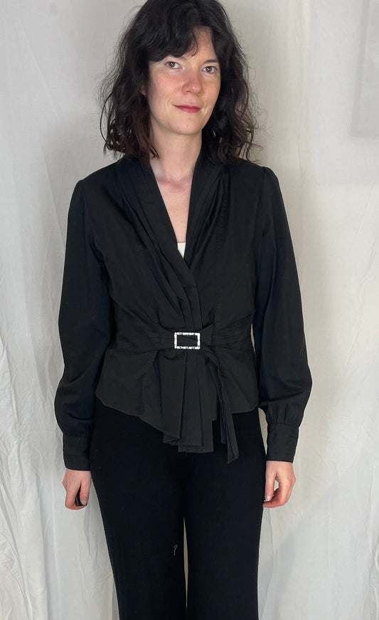 Vintage 90s Black Pleated Waist Blouse with Diamante Belt - Up To Size 12