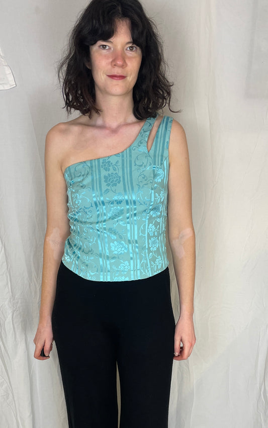 Vintage Y2K Blue Floral Satin One Shoulder Crop Top - Up To Size 12