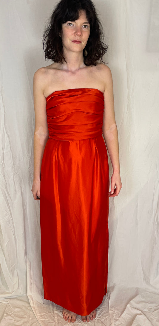 Vintage 80s Red Ruched Bust Strapless Satin Maxi Dress - Up To Size 8
