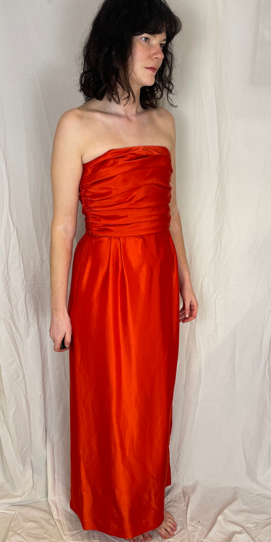Vintage 80s Red Ruched Bust Strapless Satin Maxi Dress - Up To Size 8