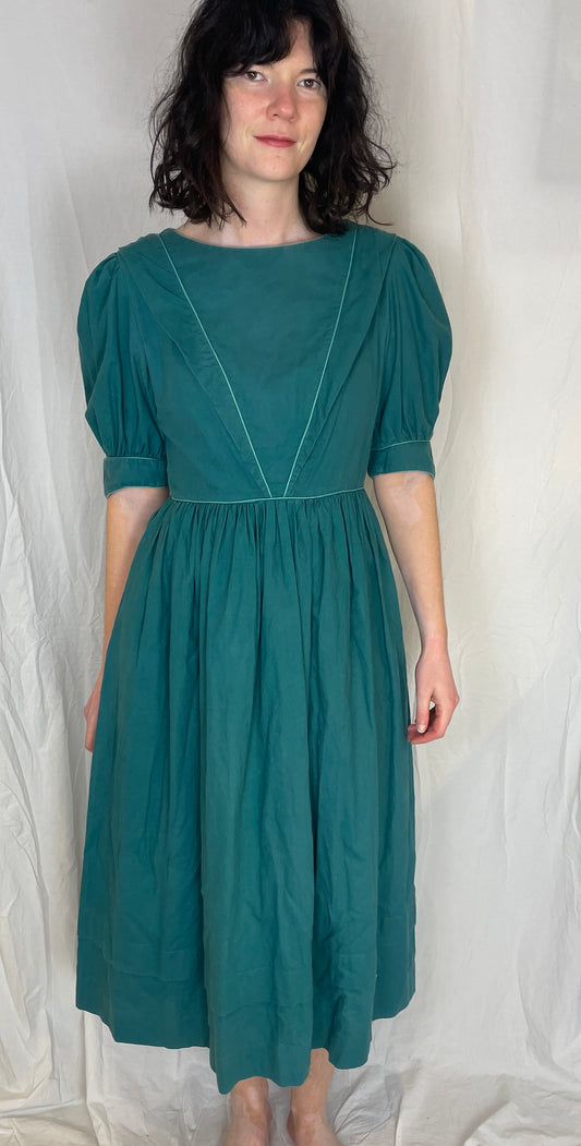 Vintage 80s Laura Ashley Green Cotton Midi Dress with Matching Jacket - Up To Size 10