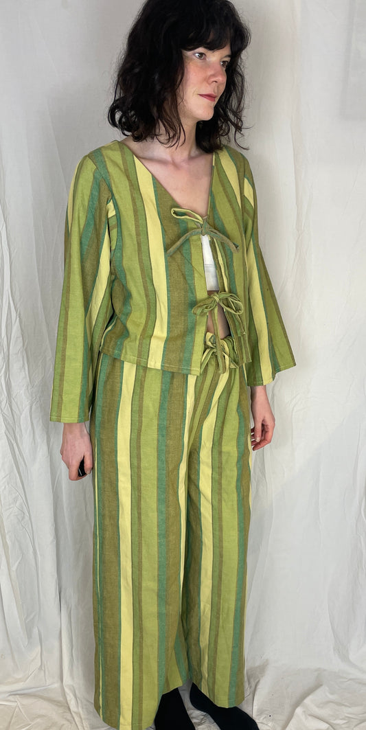 Ella Handmade Green Striped Tie Front Top and Straight Leg Trousers Co-ord - Up To Size 10