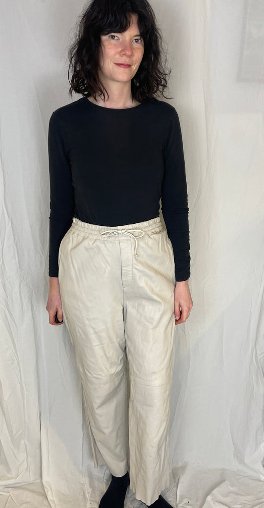 Vintage 80s White Elasticated Straight Leg Leather Trousers - Size 10