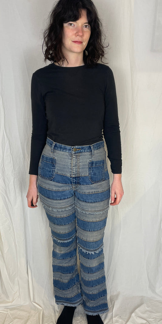 Vintage Y2K Blue Patchwork Striped Flared Denim Jeans - Size 12