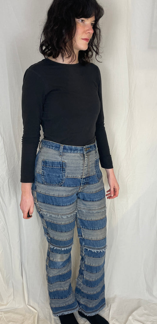 Vintage Y2K Blue Patchwork Striped Flared Denim Jeans - Size 12