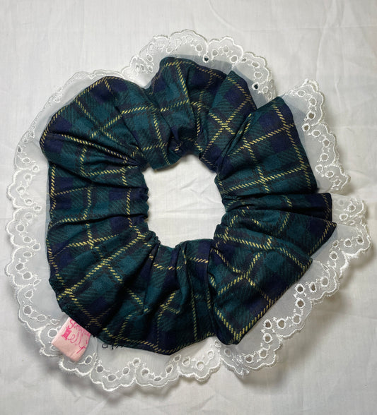 Handmade Tartan Giant Scunchie with White Lace Trim
