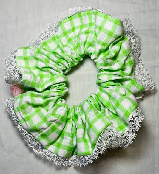 Handmade Lime Green Check Giant Scrunchie with White Lace Trim