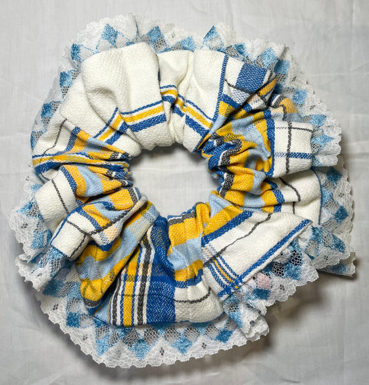 Handmade Blue Check Giant Scrunchie with Blue Lace Trim