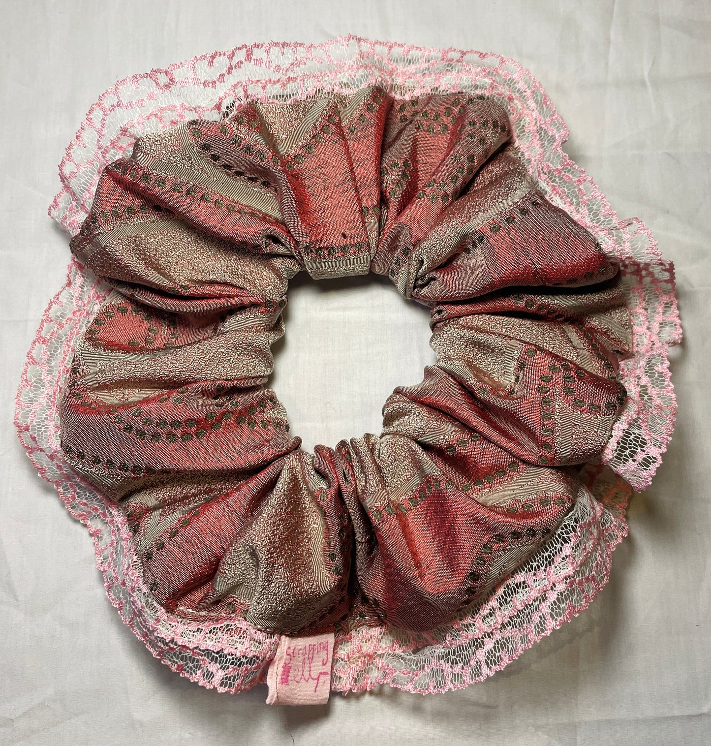 Handmade Pink Silk Scrunchie with Pink Lace Trim