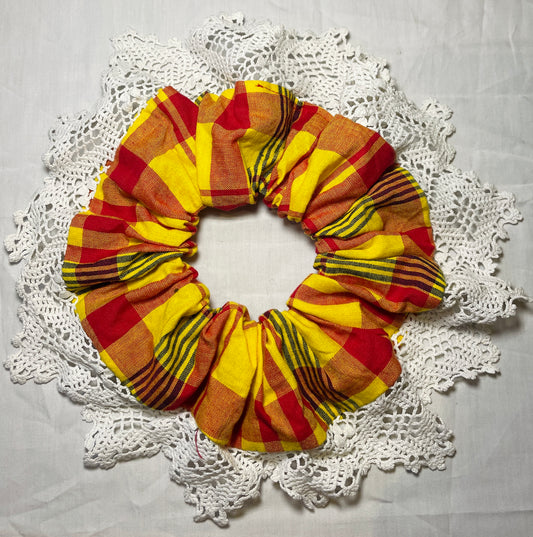 Handmade Orange Check Giant Scrunchie with White Crochet Trim