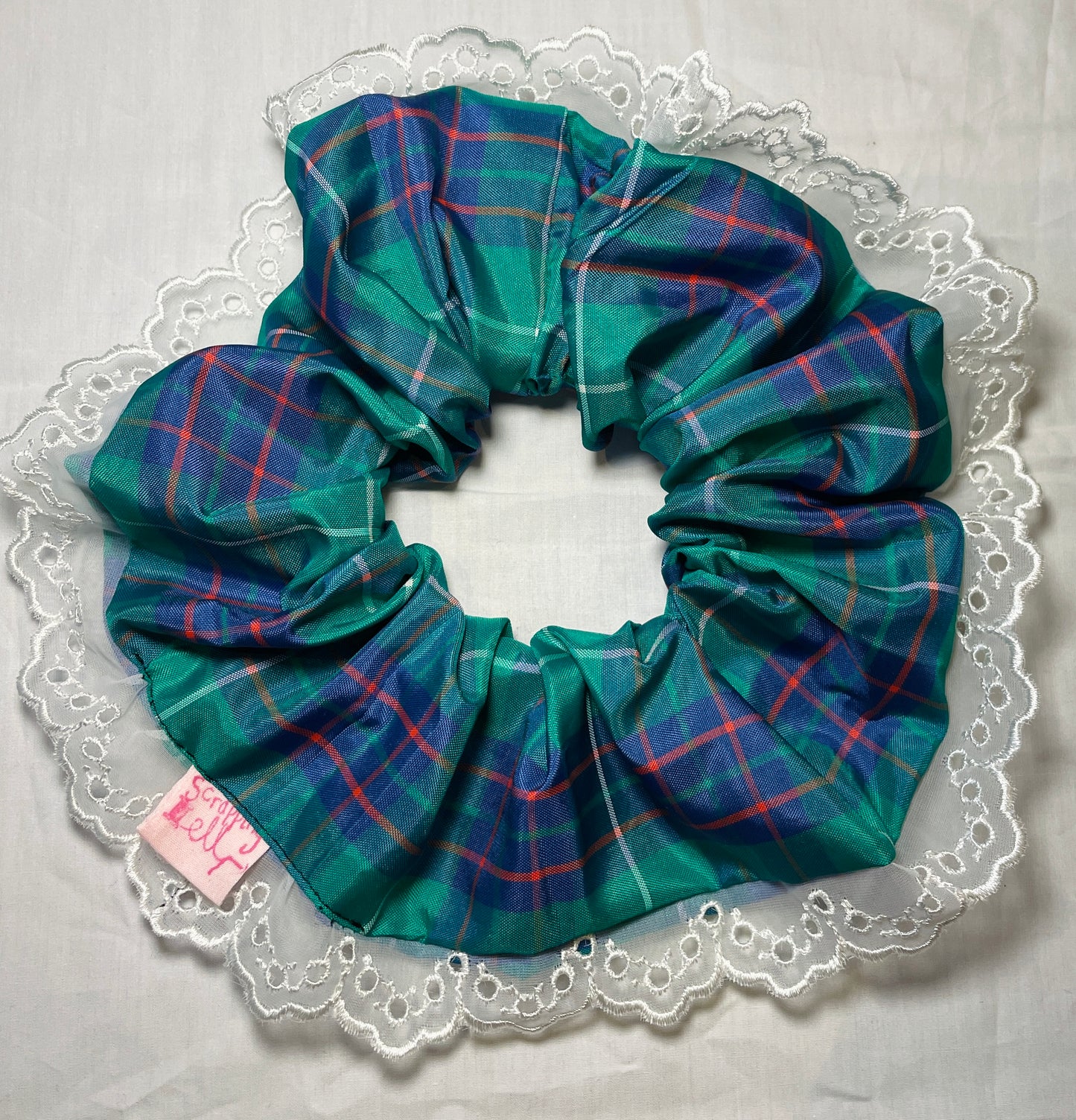 Handmade Green and Purple Tartan Giant Scrunchie with White Lace Trim