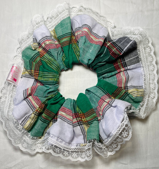 Handmade Green Check Linen Giant Scrunchie with White Lace Trim