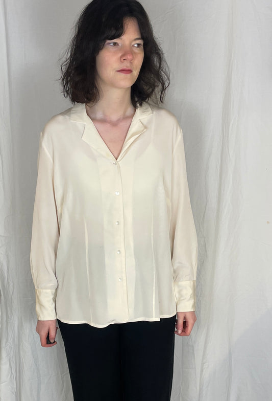 Vintage 90s Peter Hahn White Silk Revere Collar Shirt - Up To Size 14