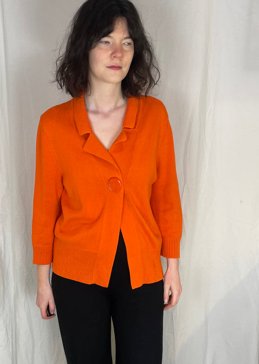 Vintage 90s Orange Collared Knitted Cardigan with Statement Button - Up To Size 12