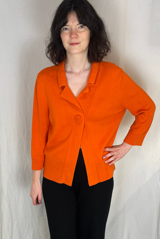 Vintage 90s Orange Collared Knitted Cardigan with Statement Button - Up To Size 12