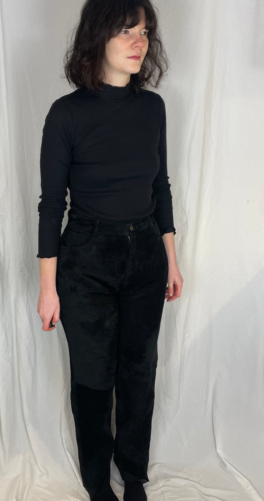 Vintage 90s Black Suede Leather Straight Leg Trousers - Size 10