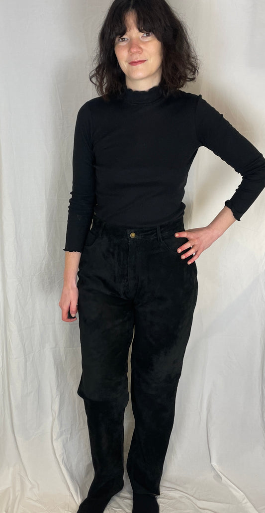 Vintage 90s Black Suede Leather Straight Leg Trousers - Size 10