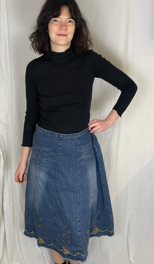 Vintage 90s Blue Denim Midi Skirt with Floral Embroidered Hem - Size 16