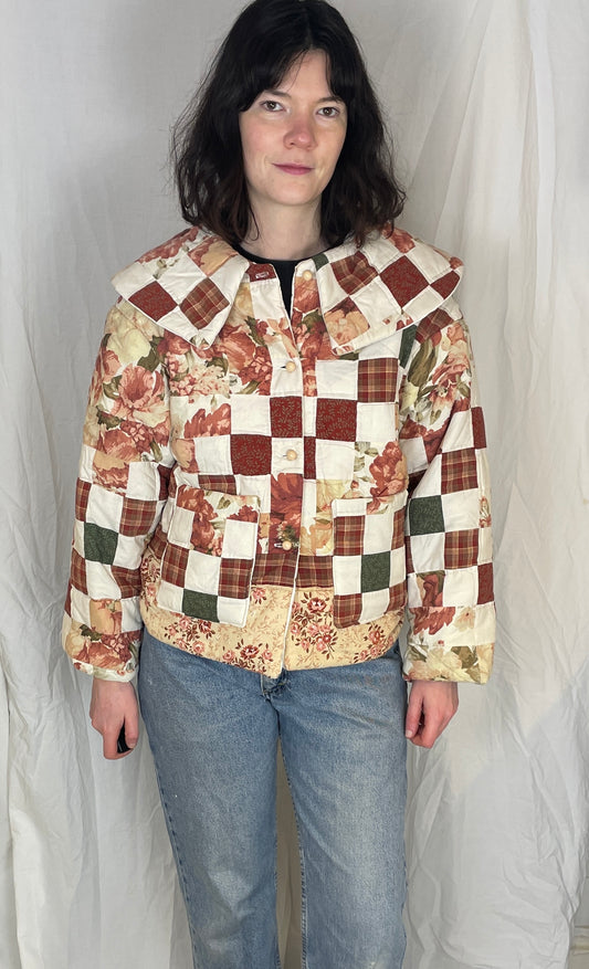 Penny Handmade Red Floral Patchwork Collared Quilted Jacket - Up To Size 12