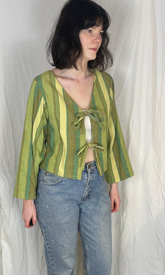 Ella Handmade Green Striped Tie Front Top - Up To Size 10