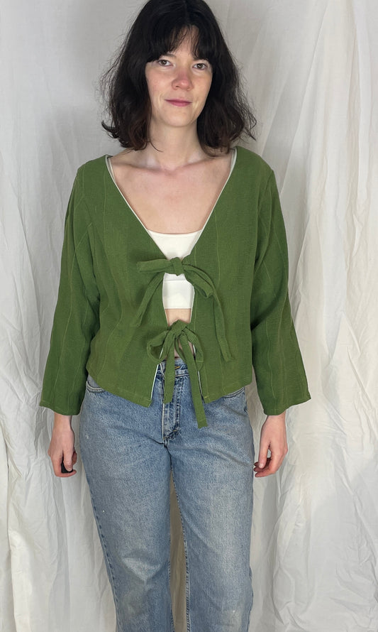 Ella Handmade Green Cotton Textured Striped Tie Front Top - Up To Size 12