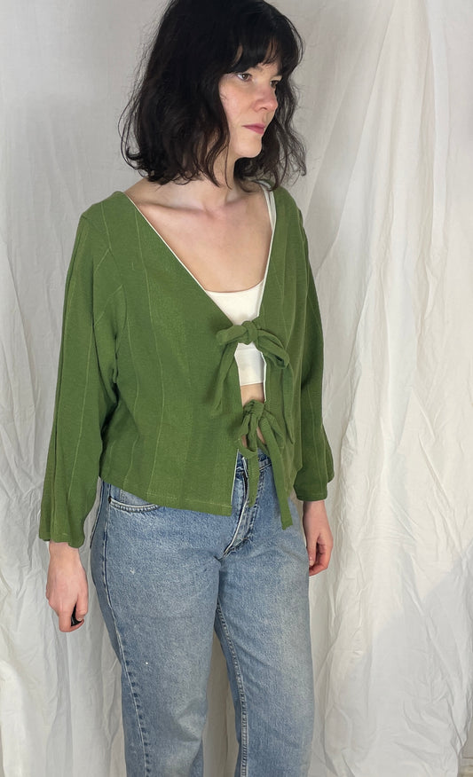 Ella Handmade Green Cotton Textured Striped Tie Front Top - Up To Size 12