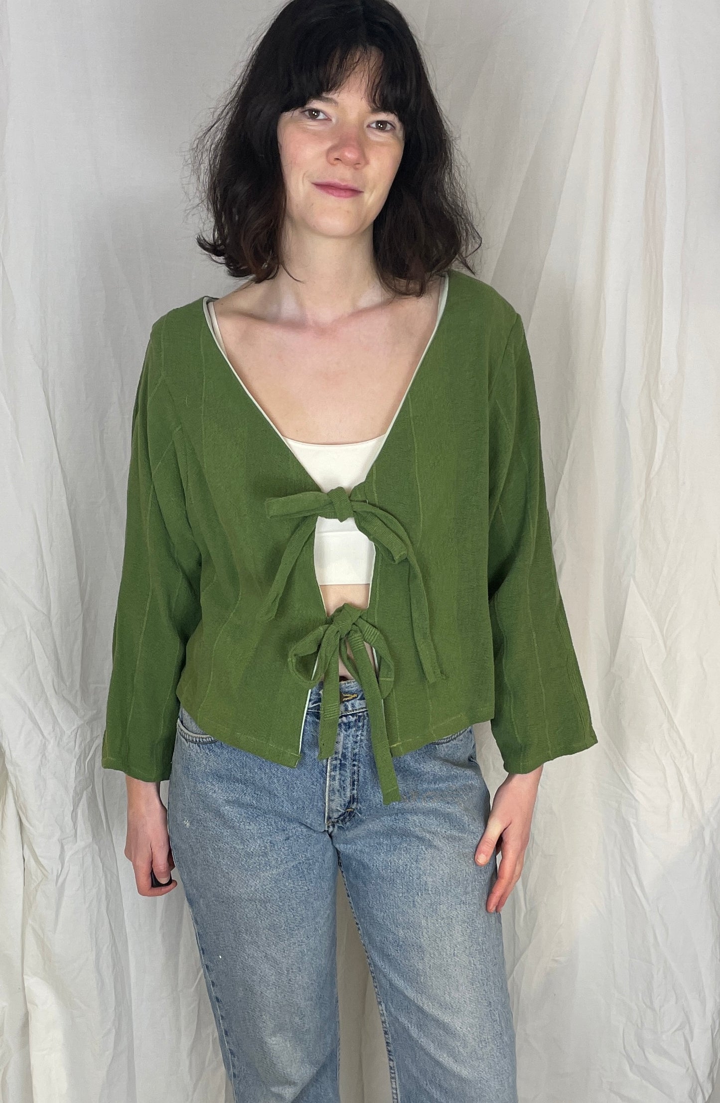 Ella Handmade Green Cotton Textured Striped Tie Front Top - Up To Size 12