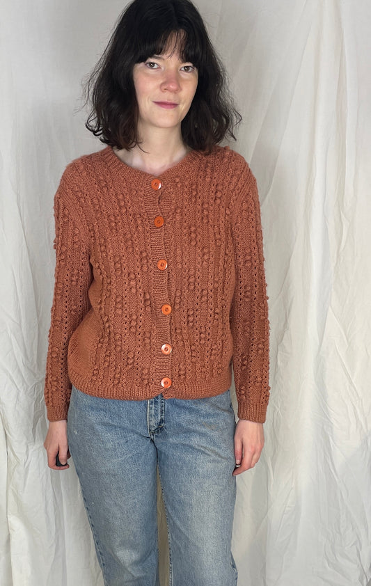 Vintage 90s Pink Wool Bobble Texture Handknit Cardigan - Up To Size 12