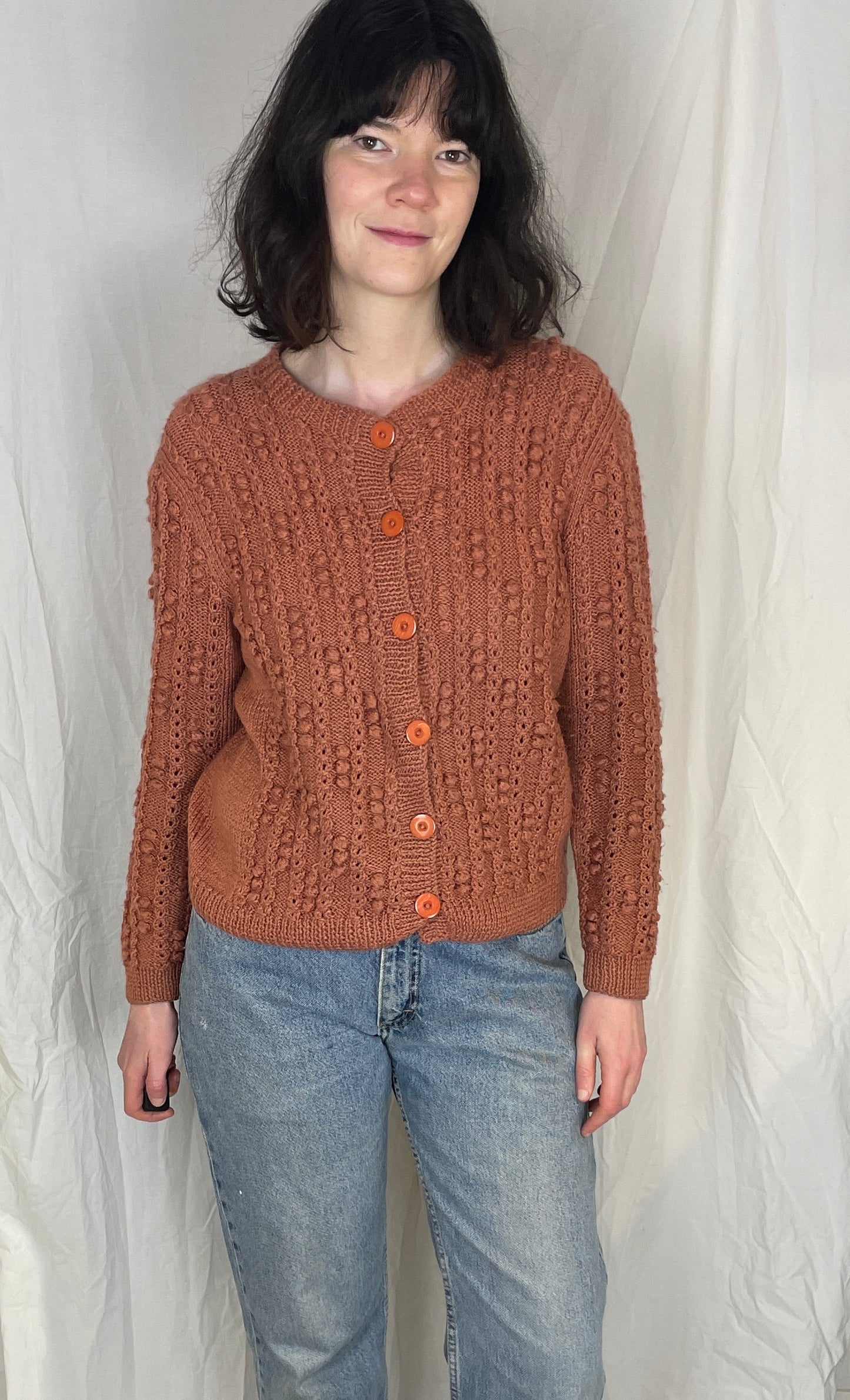 Vintage 90s Pink Wool Bobble Texture Handknit Cardigan - Up To Size 12