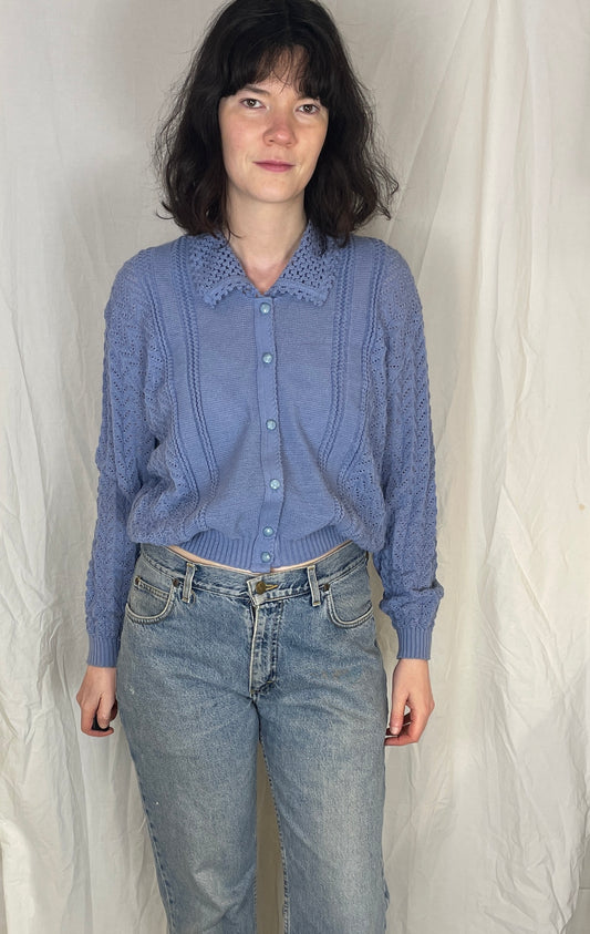Vintage 90s Cornflower Blue Pointelle Knit Collared Cardigan - Up To Size 14